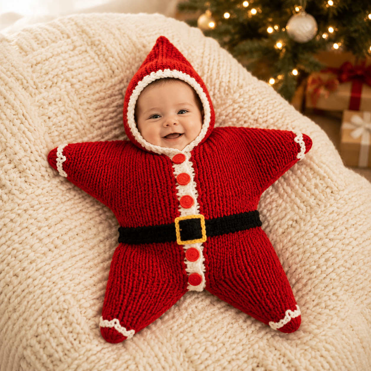 Smiling baby wearing the red Santa Star Christmas outfit