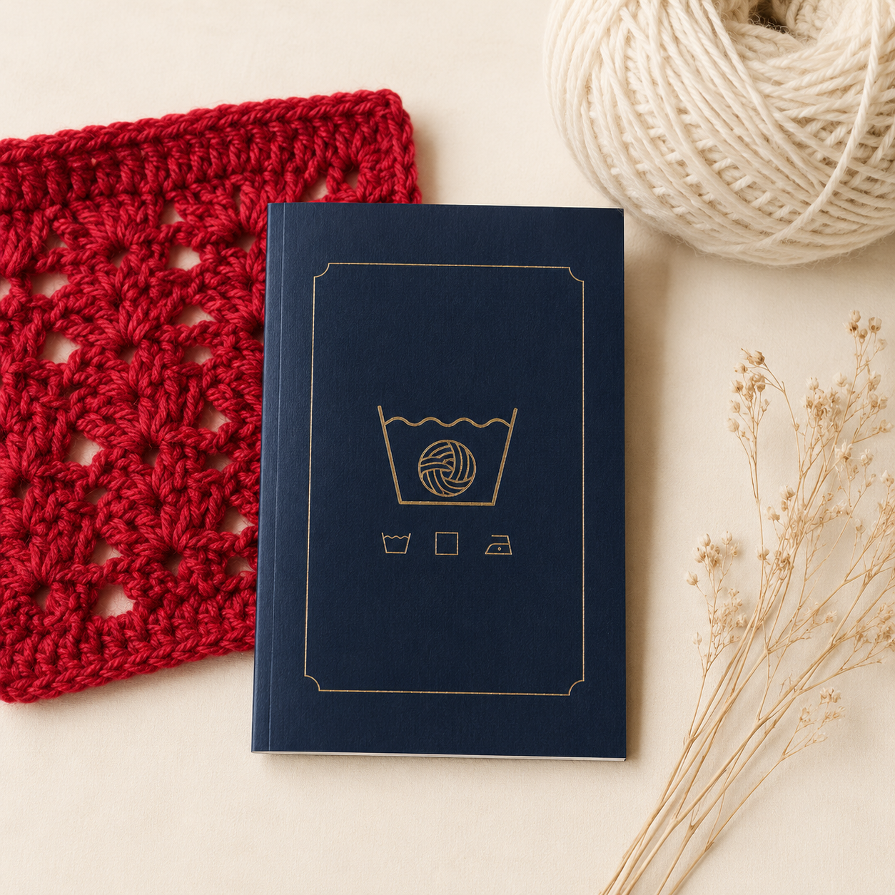 Crochet care guide booklet with yarn and crochet swatch